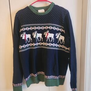 Festive Navy and Green Reindeer Crewneck Sweater